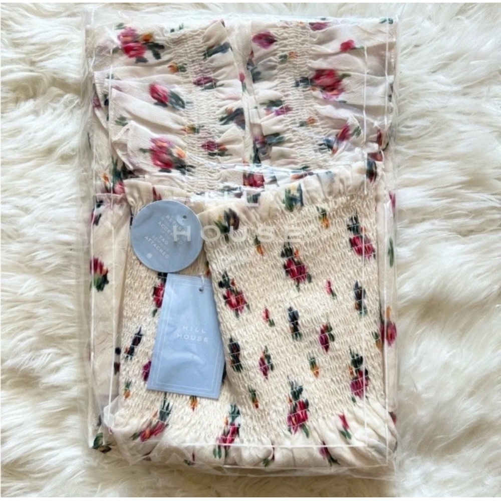 New HILL HOUSE Ellie Floral Smocked Midi Nap Dress in Ivory Crushed Taffeta Ikat - Picture 14 of 16